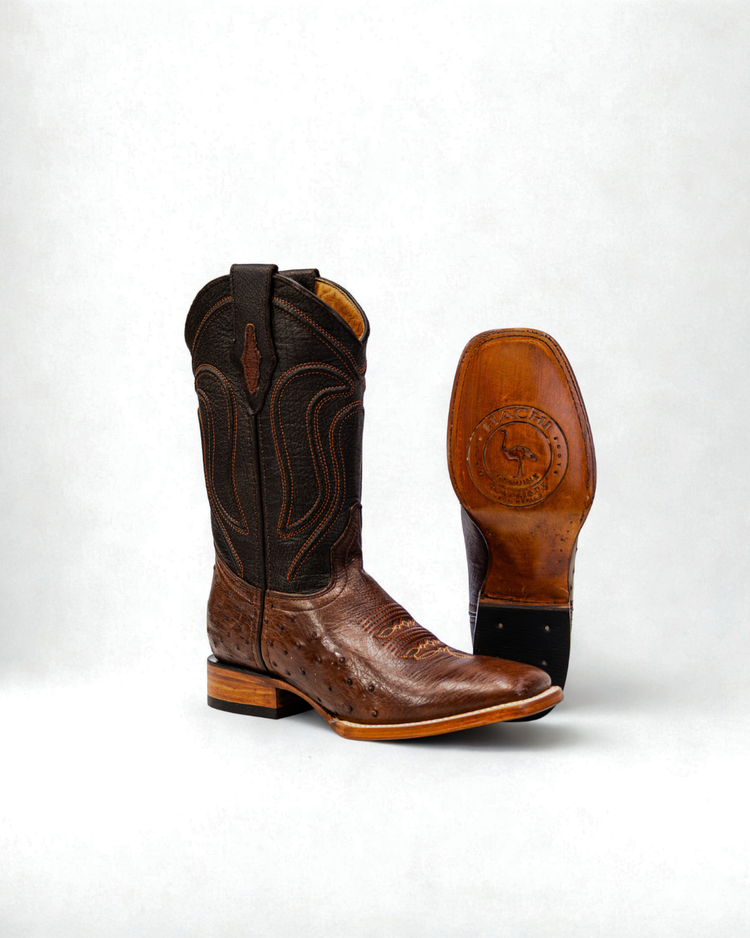 Original ostrich belly leather boot for men Brown color, with full leather lining, square toe