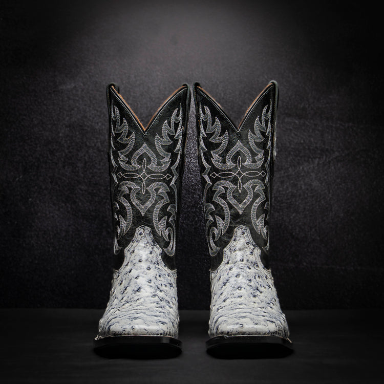 White Ostrich Cowboy Boot, square toe, leather sole and heel.