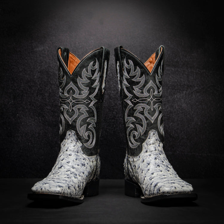 White Ostrich Cowboy Boot, square toe, leather sole and heel.