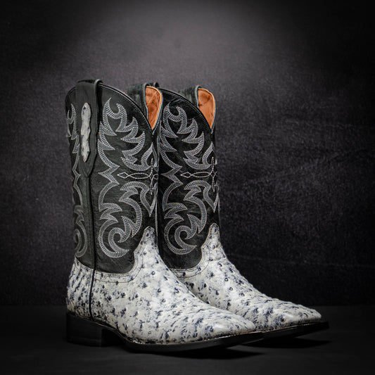 White Ostrich Cowboy Boot, square toe, leather sole and heel.