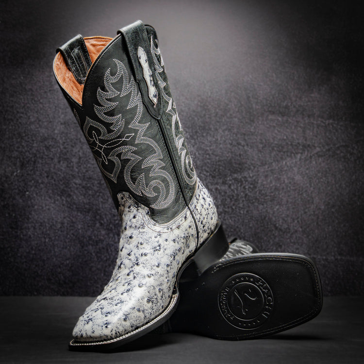 White Ostrich Cowboy Boot, square toe, leather sole and heel.