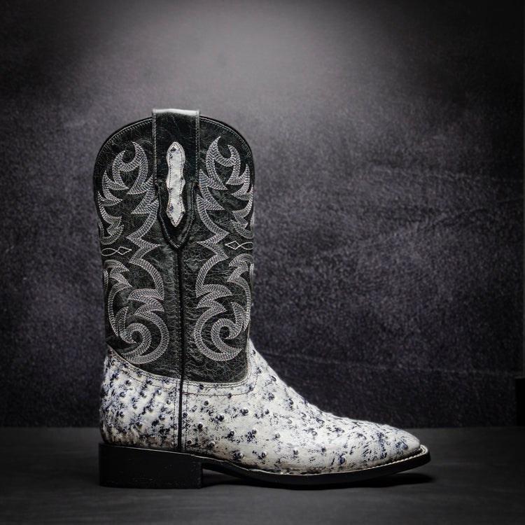 White Ostrich Cowboy Boot, square toe, leather sole and heel.