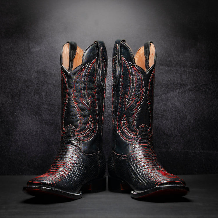 Black-Red Bicolor Python Cowboy Boot, square toe, leather sole and heel.
