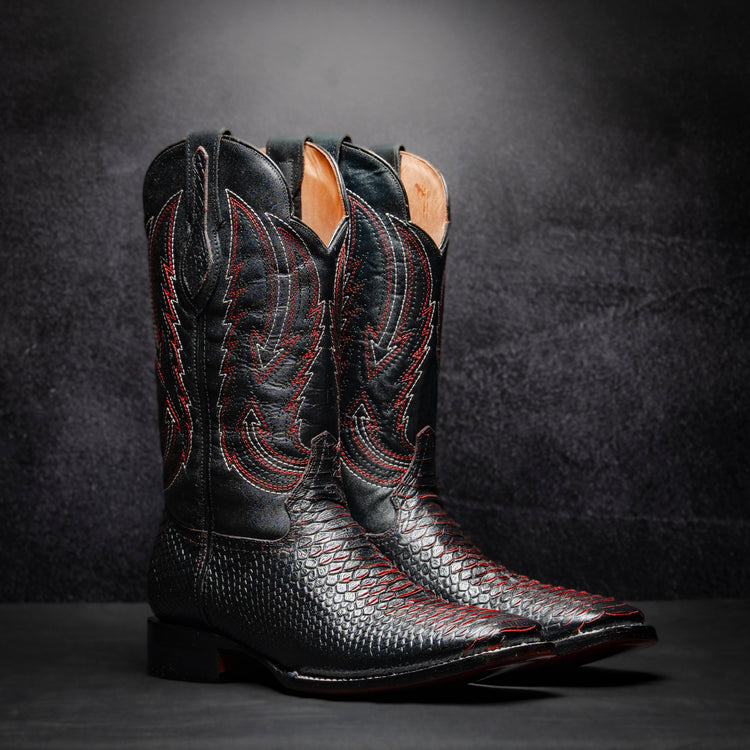 Black-Red Bicolor Python Cowboy Boot, square toe, leather sole and heel.
