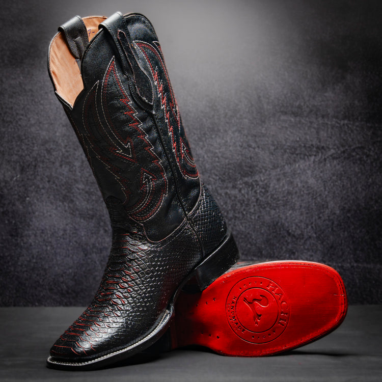 Black-Red Bicolor Python Cowboy Boot, square toe, leather sole and heel.