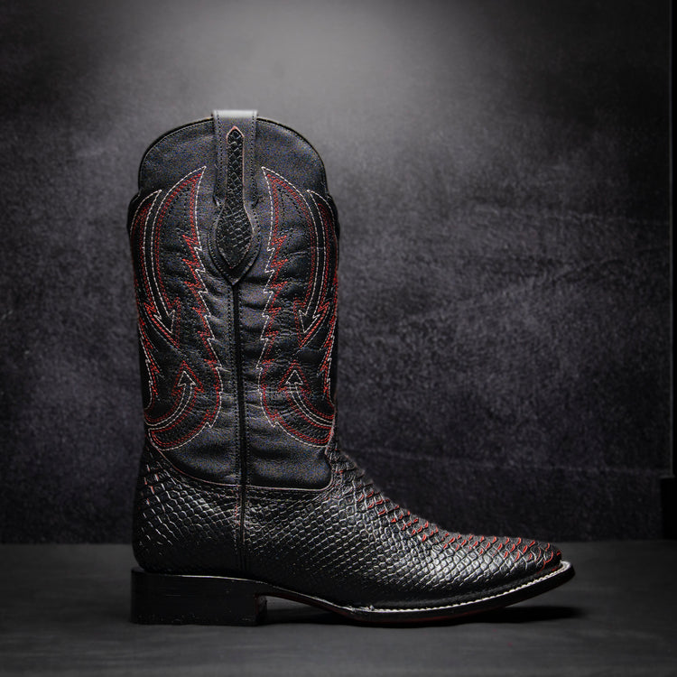 Black-Red Bicolor Python Cowboy Boot, square toe, leather sole and heel.