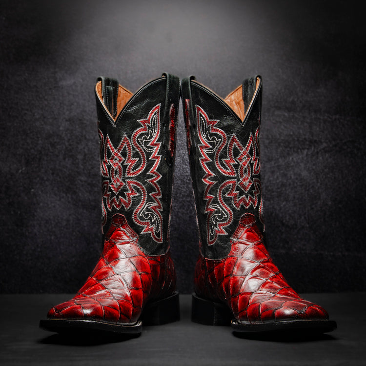 Blackcherry Fish Cowboy Boot, square toe, leather sole and heel