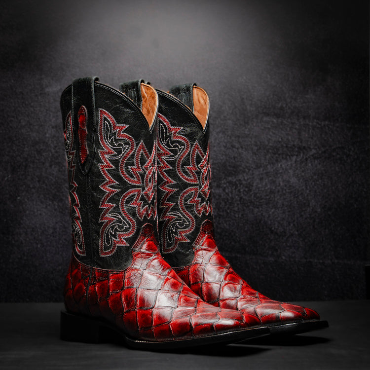Blackcherry Fish Cowboy Boot, square toe, leather sole and heel