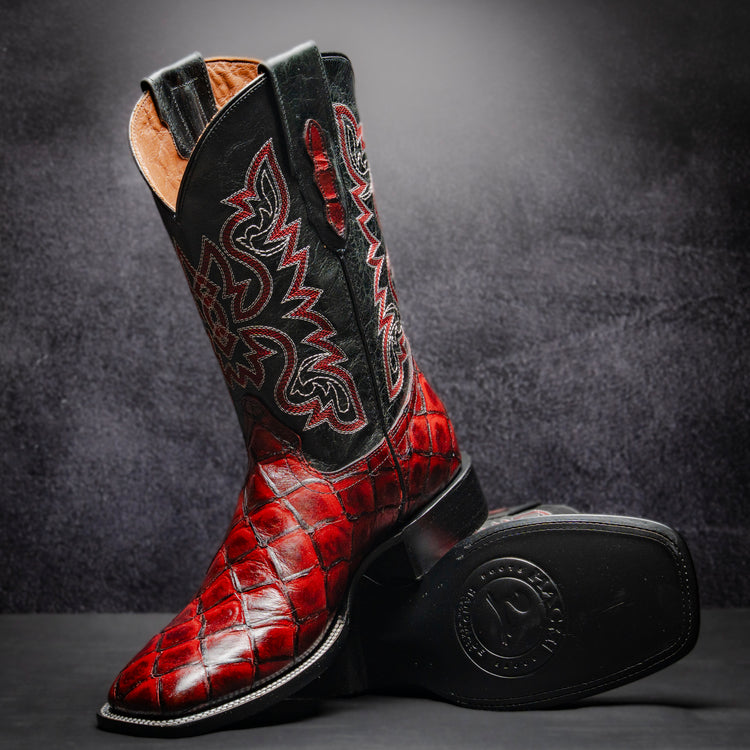 Blackcherry Fish Cowboy Boot, square toe, leather sole and heel
