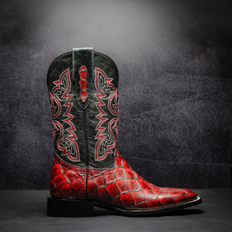 Blackcherry Fish Cowboy Boot, square toe, leather sole and heel