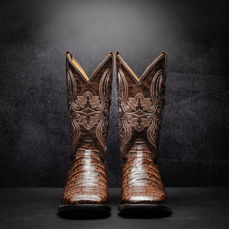 Clon Belly Crocodile Ridge Cowboy Boot, square toe, leather sole and heel.