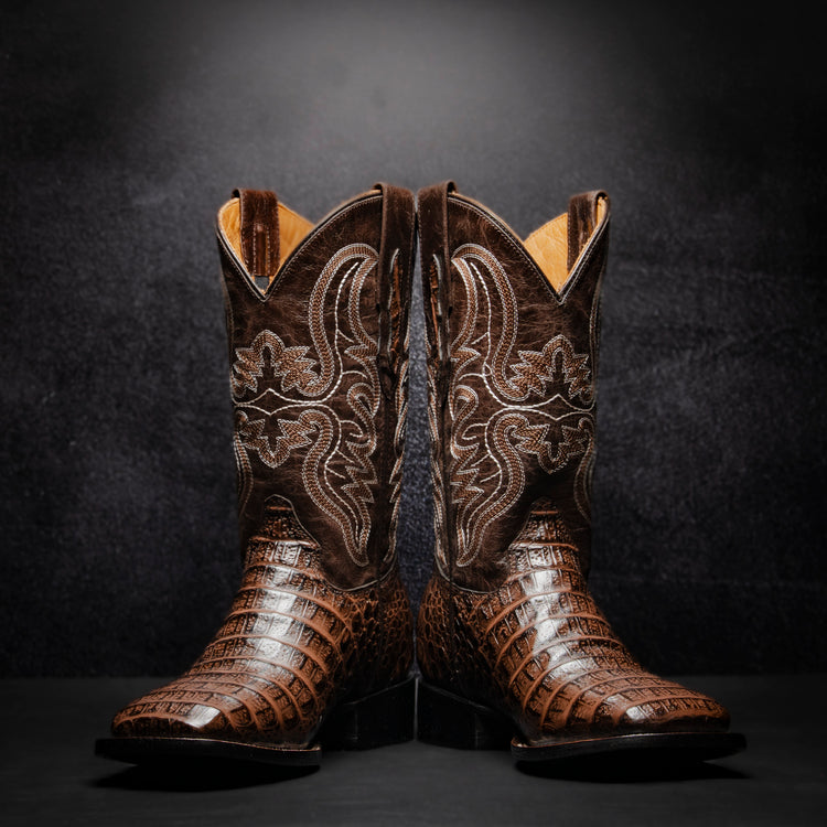 Clon Belly Crocodile Ridge Cowboy Boot, square toe, leather sole and heel.