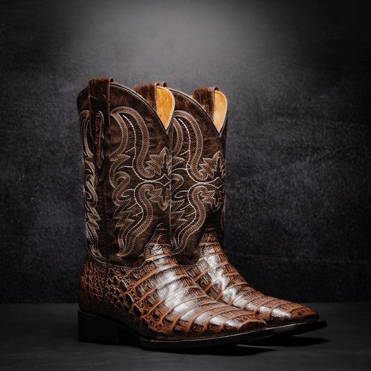 Clon Belly Crocodile Ridge Cowboy Boot, square toe, leather sole and heel.
