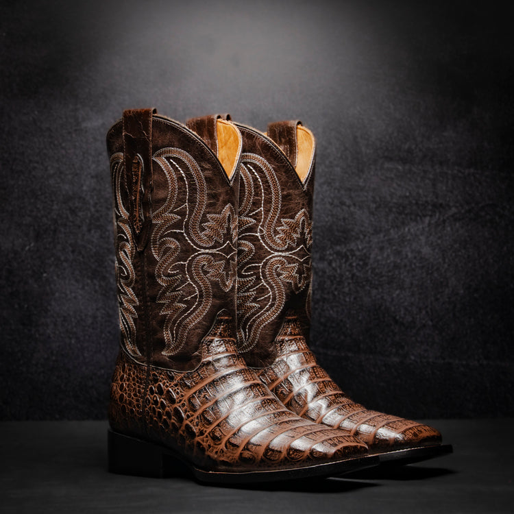 Clon Belly Crocodile Ridge Cowboy Boot, square toe, leather sole and heel.