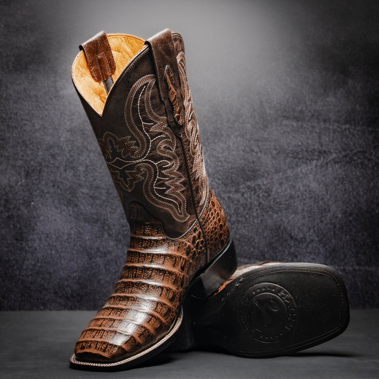 Clon Belly Crocodile Ridge Cowboy Boot, square toe, leather sole and heel.