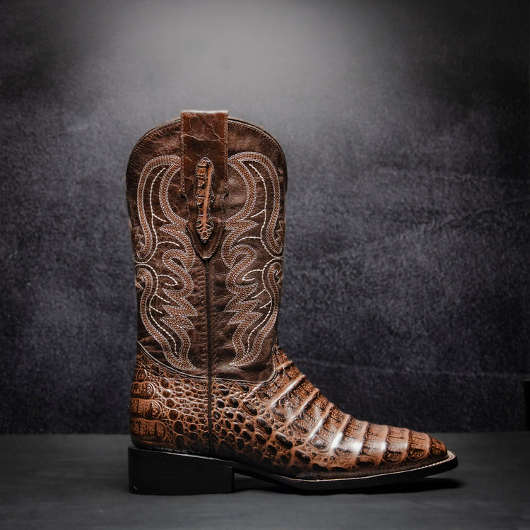 Clon Belly Crocodile Ridge Cowboy Boot, square toe, leather sole and heel.