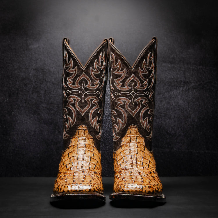 Honey Crocodile Neck Cowboy Boot, square toe, leather sole and heel.