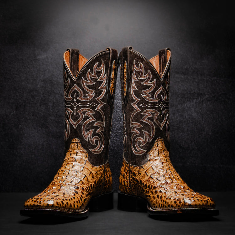 Honey Crocodile Neck Cowboy Boot, square toe, leather sole and heel.