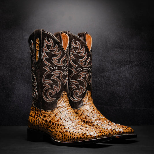 Honey Crocodile Neck Cowboy Boot, square toe, leather sole and heel.