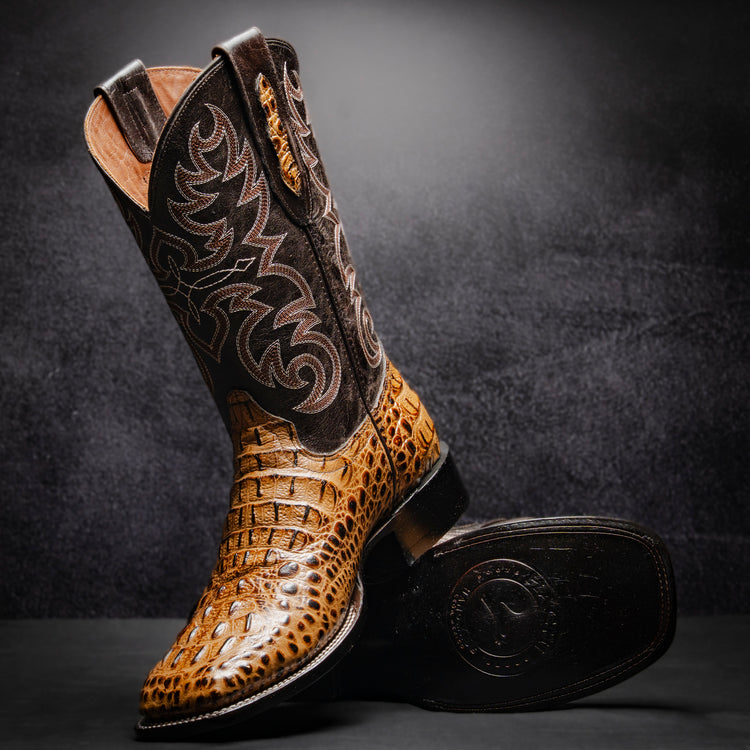 Honey Crocodile Neck Cowboy Boot, square toe, leather sole and heel.