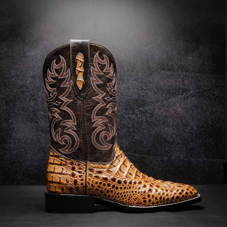Honey Crocodile Neck Cowboy Boot, square toe, leather sole and heel.