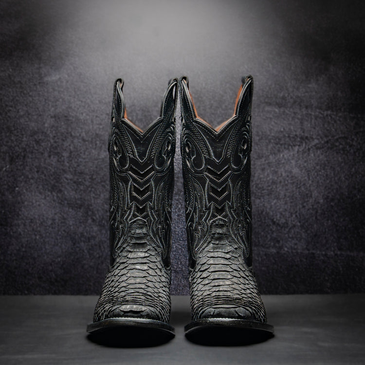 Original Black Python Cowboy Boot, square toe, leather sole and heel.