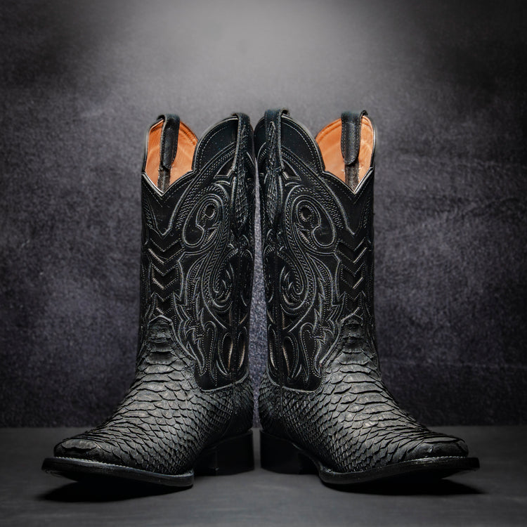 Original Black Python Cowboy Boot, square toe, leather sole and heel.