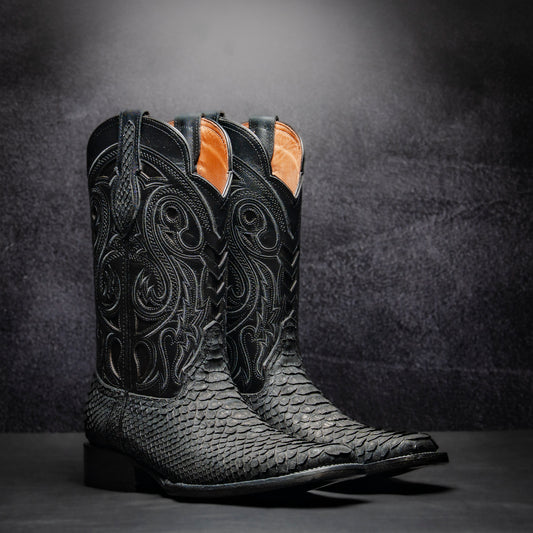 Original Black Python Cowboy Boot, square toe, leather sole and heel.