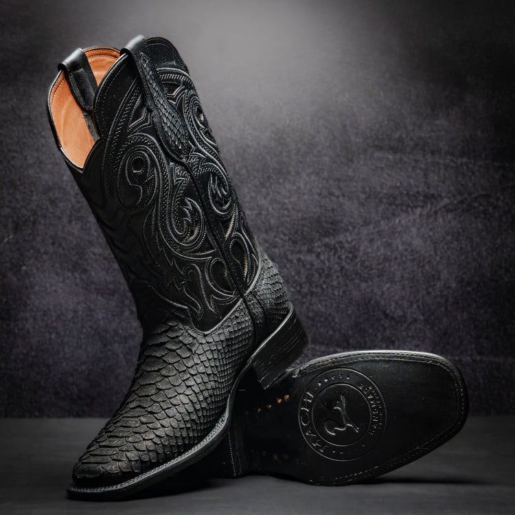 Original Black Python Cowboy Boot, square toe, leather sole and heel.