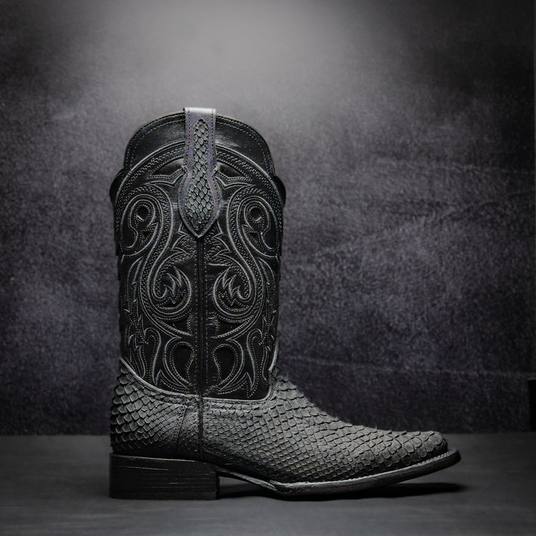 Original Black Python Cowboy Boot, square toe, leather sole and heel.
