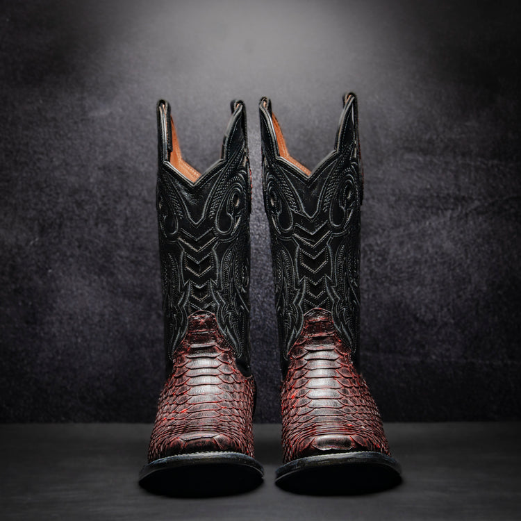 Original Blackcherry Python Cowboy Boot, square toe, leather sole and heel.