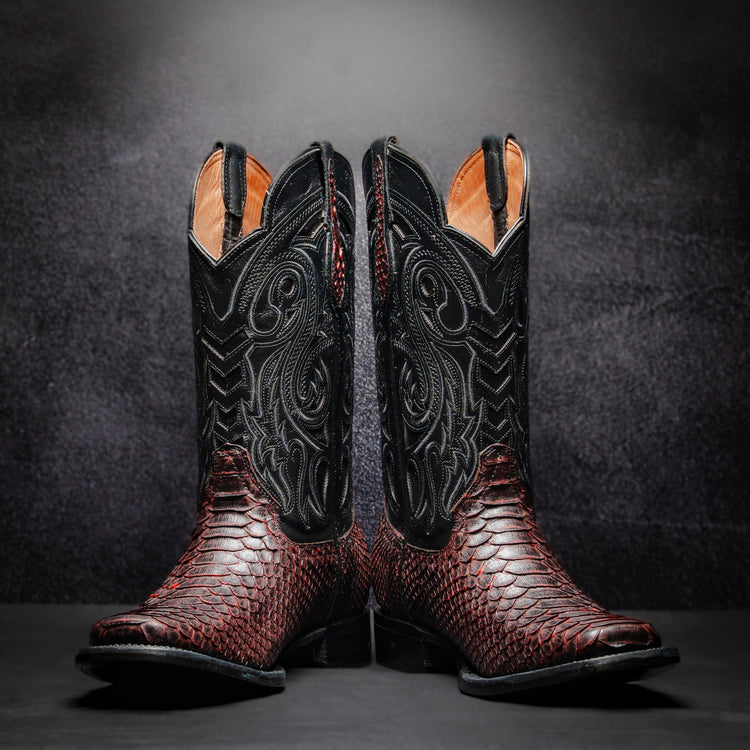 Original Blackcherry Python Cowboy Boot, square toe, leather sole and heel.