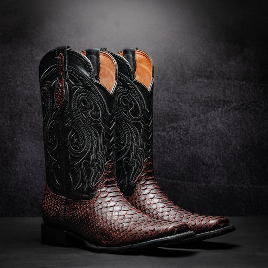 Original Blackcherry Python Cowboy Boot, square toe, leather sole and heel.