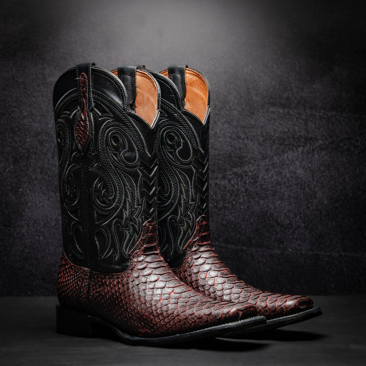 Original Blackcherry Python Cowboy Boot, square toe, leather sole and heel.