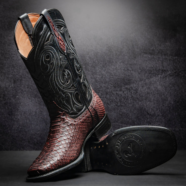 Original Blackcherry Python Cowboy Boot, square toe, leather sole and heel.
