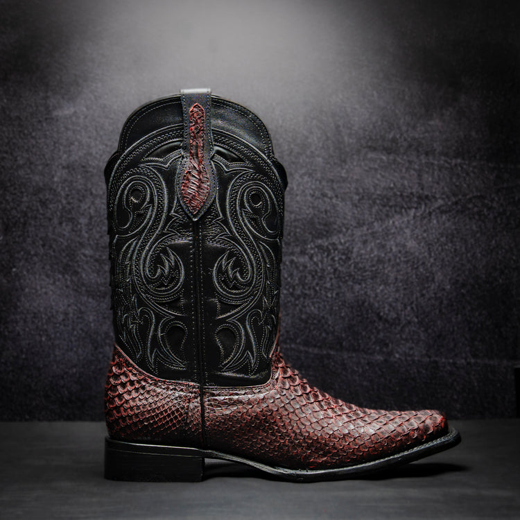 Original Blackcherry Python Cowboy Boot, square toe, leather sole and heel.