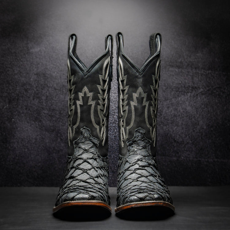 Authentic Pirarucu Fish Cowboy Boot in Black, Square Toe, Leather Sole and Heel