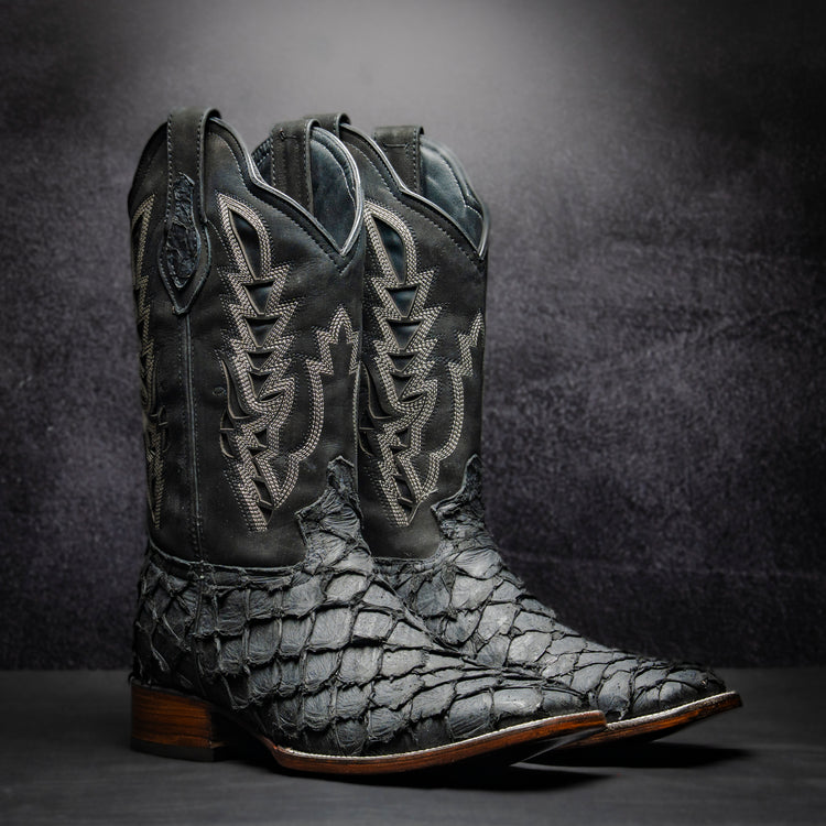 Authentic Pirarucu Fish Cowboy Boot in Black, Square Toe, Leather Sole and Heel