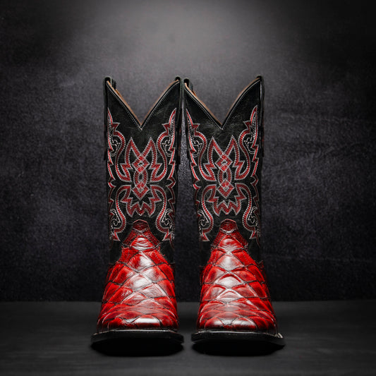 Blackcherry Fish Cowboy Boot, square toe, leather sole and heel