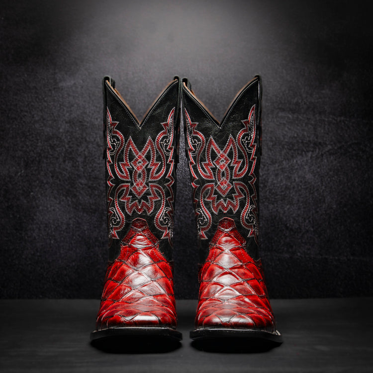 Blackcherry Fish Cowboy Boot, square toe, leather sole and heel
