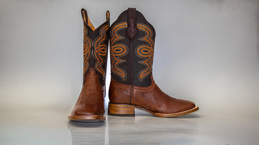 Original ostrich belly leather boot for men Chocolate color, with full leather lining, square toe