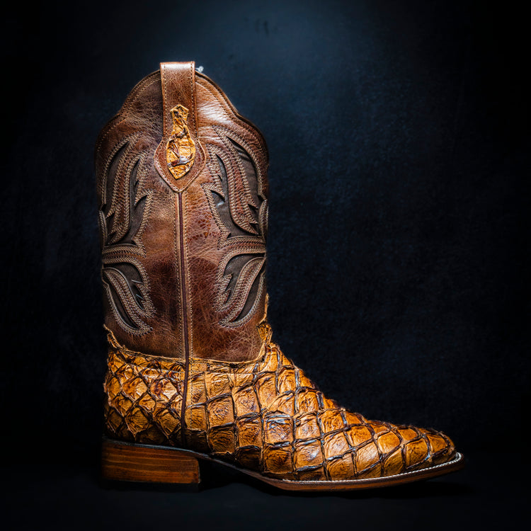 Authentic Pirarucu Fish Cowboy Boot in Wood Color, Square Toe, Leather Sole and Heel
