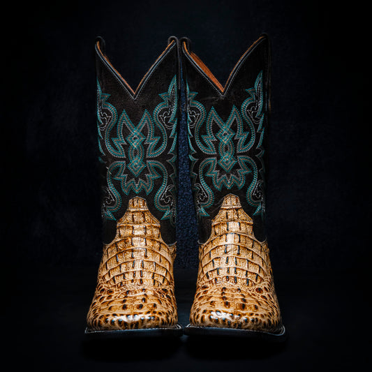 Orix Crocodile Neck Cowboy Boot, square toe, leather sole and heel.