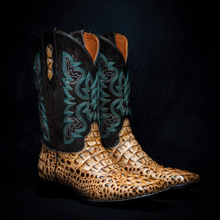 Orix Crocodile Neck Cowboy Boot, square toe, leather sole and heel.