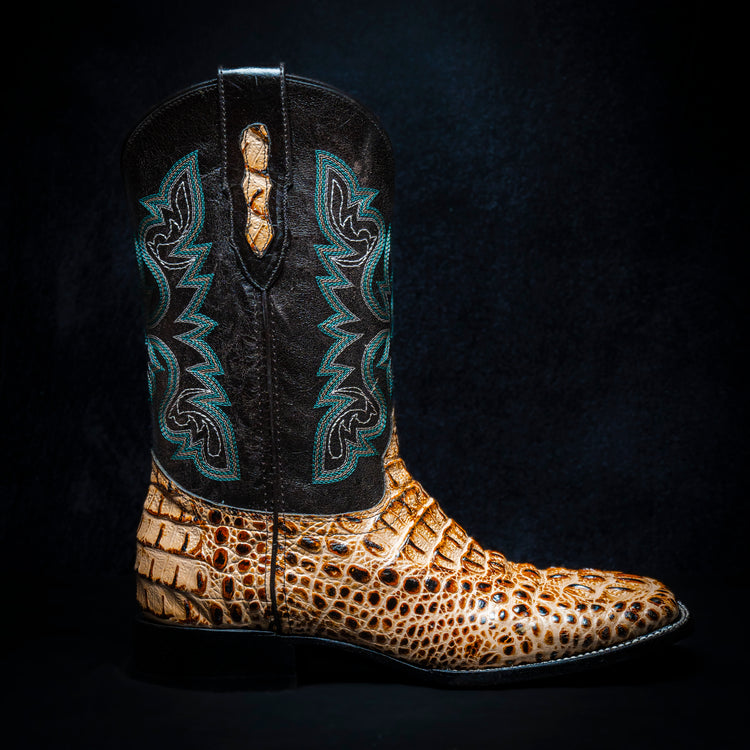 Orix Crocodile Neck Cowboy Boot, square toe, leather sole and heel.