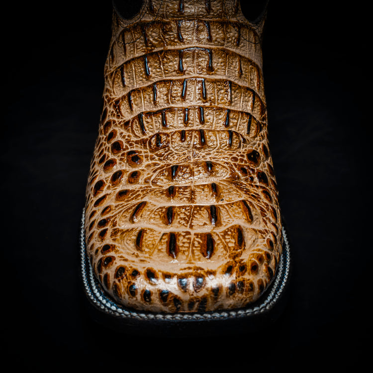 Orix Crocodile Neck Cowboy Boot, square toe, leather sole and heel.