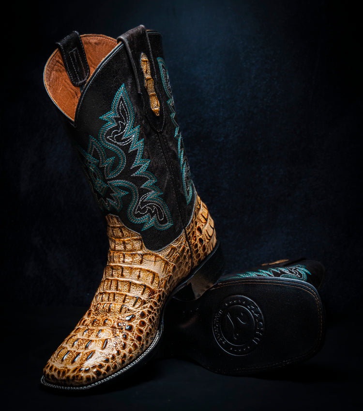Orix Crocodile Neck Cowboy Boot, square toe, leather sole and heel.