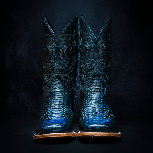 Western boot in Black-Blue Bicolor Python style, square toe, leather sole and heel.