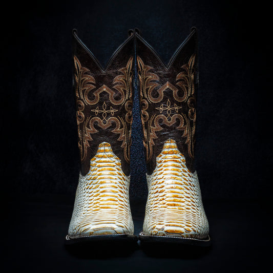 Maple Python Cowboy Boot, square toe, leather sole and heel.