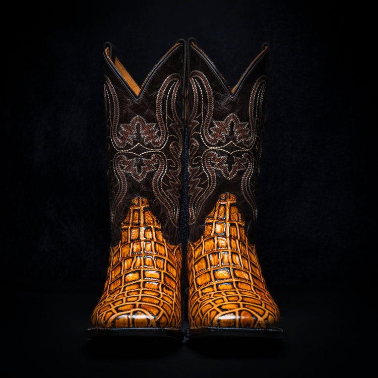 Glazed Wood-Colored Crocodile Cowboy Boot, square toe, leather sole and heel.